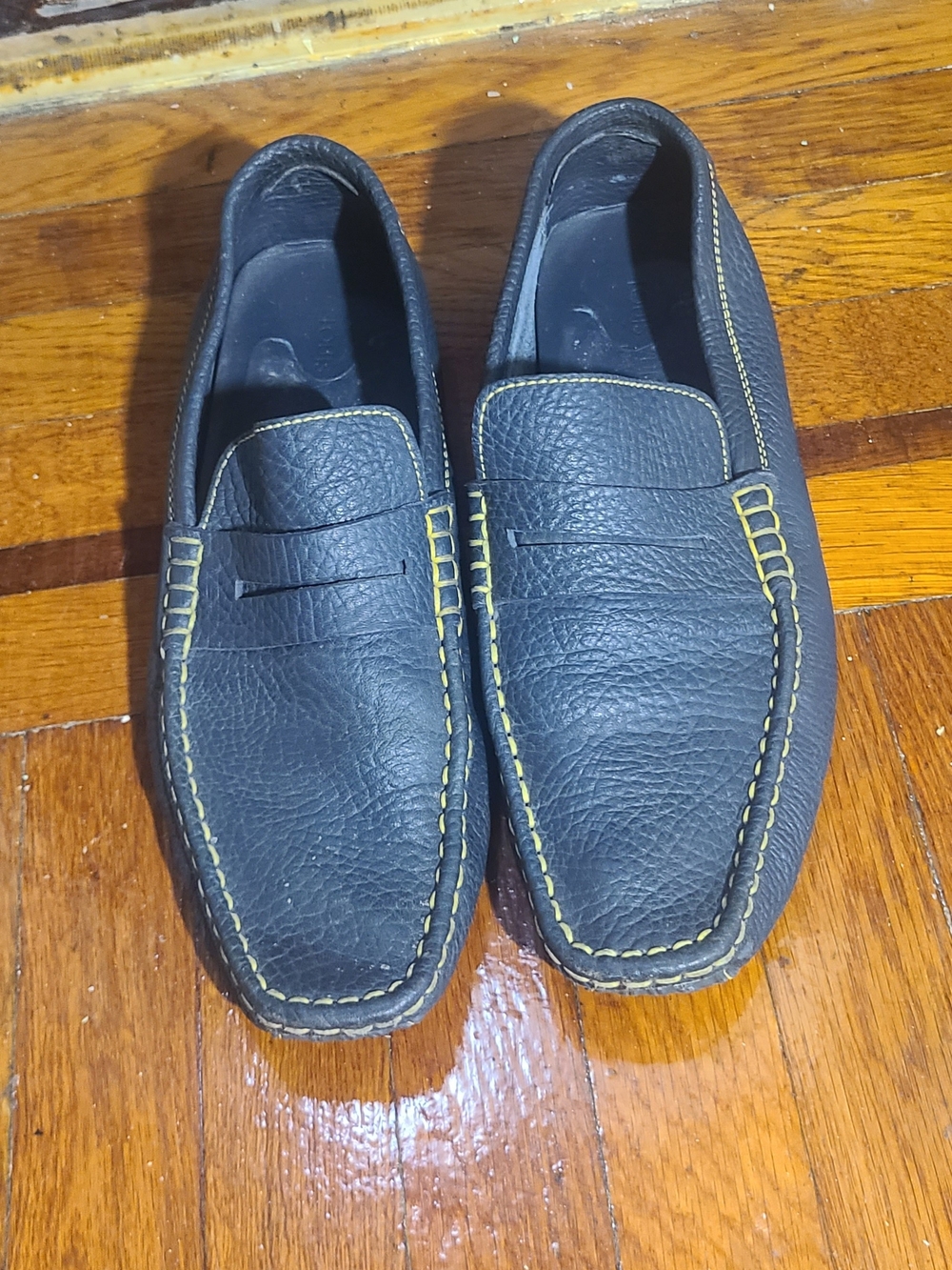 Louis Vuitton Black Leather Slip-On Loafers with Yellow Stitching